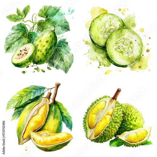 Watercolor illustration with vibrant tropical fruits and vegetables isolated with ink splashes on transparent background.
