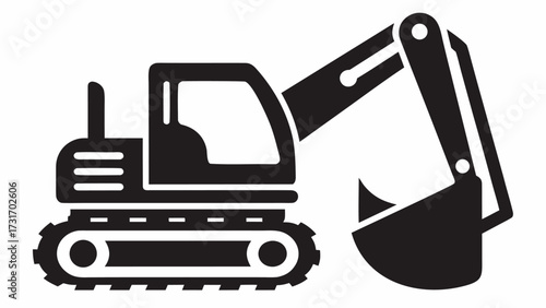 Illustration of a black excavator with a bucket on tracks for construction and digging operations shown fully