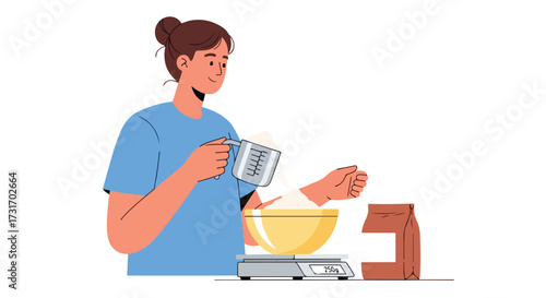 Woman precisely measures ingredients for recipe in kitchen with bowl and digital scale for balanced nutrition and tasty creations