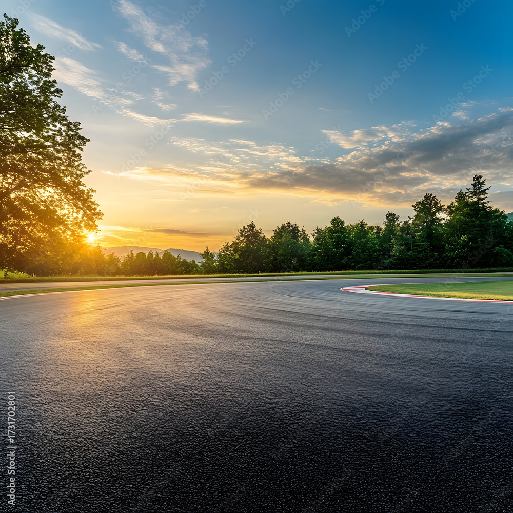 Fototapeta premium Golden sunset casting warm light over a tranquil lake surrounded by lush green trees and a dramatic sky