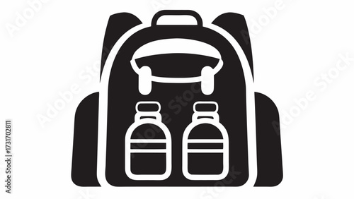 A black and white illustration of a backpack with two water bottles inside it and a handle on top