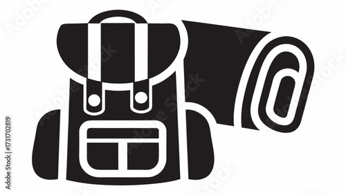 Illustration of a black and white backpack with a sleeping bag rolled up next to it for camping trip