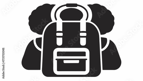 Illustration of a black duffel bag with a handle and a front pocket between two people silhouettes