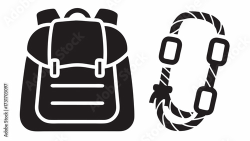 Illustration of a black and white backpack with straps and a rope with square fasteners for outdoor adventures