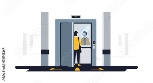 Modern illustration of a person entering an elevator with directional guidance marks and a reflection showing inside elevator, conveys urban transit