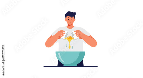 Young man skillfully cracking an egg into a bowl, set against a minimalist backdrop and vibrant color palette, creating a sense of home cooking