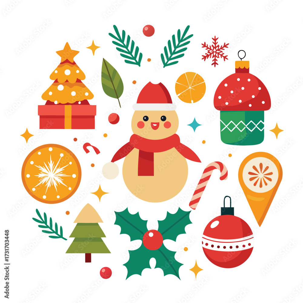 Fototapeta premium Vector art of a circular arrangement of cheerful christmas and winter holiday icons, featuring a snowman, decorated tree, ornaments, holly, candy cane, and citrus slices, all isolated on a