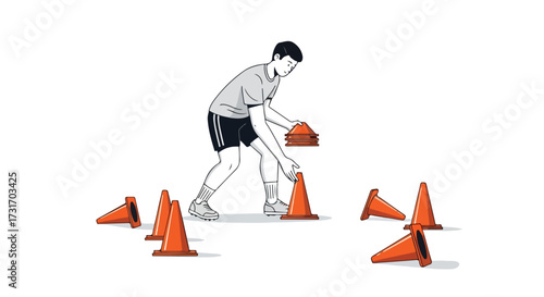 Illustration showing an athlete setting up orange cones for agility training on a white background training process