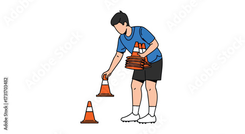 Cartoon Illustration: Athlete Placing Traffic Cones for Training or Road Safety Education Exercises Depiction
