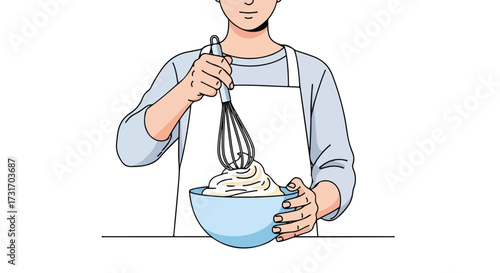Illustration showcasing a person wearing an apron skillfully whisking a bowl of fluffy cream with enthusiasm using a classic kitchen utensil