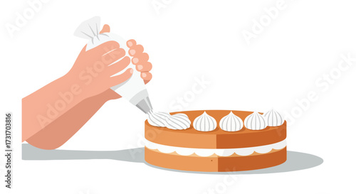 Illustrative depiction of a cake decoration process with piped cream on cake layers demonstrating sweet desserts preparation