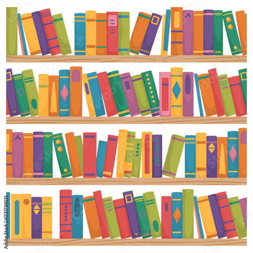 Bookshelf with Colorful Spines,  Flat Vector Design of Stacked Books for Education, Study, Knowledge, Academic, Reading, and School Projects in Creative Graphic Artwork