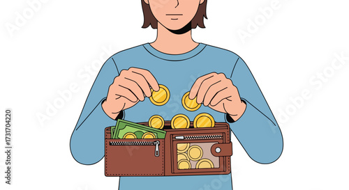Depicting financial management through the action of placing coins into a wallet by a character illustration