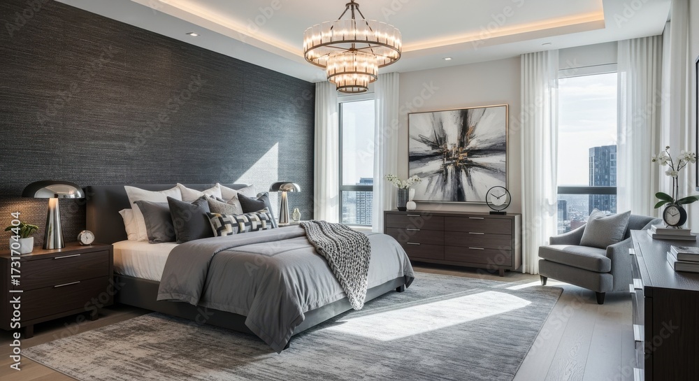 Fototapeta premium Luxurious modern bedroom suite with plush bedding and elegant decor