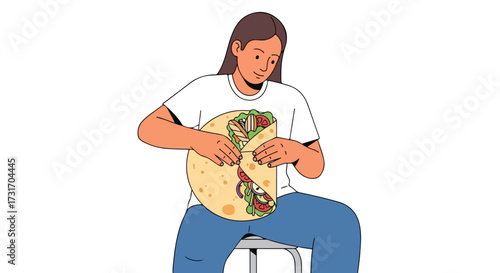 Woman skillfully prepares a massive burrito filled with fresh ingredients and healthy vegetables for a nutritious and tasty meal