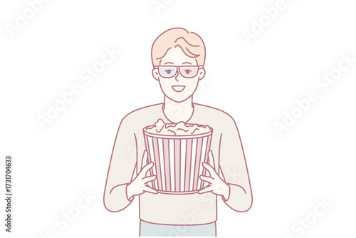 Happy young man in 3D glasses and popcorn in hands enjoy weekend in movie theater. Smiling guy with snack before film in cinema. Vector illustration.