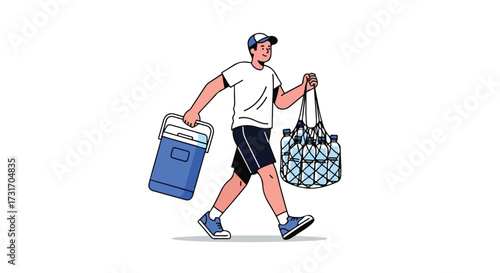 Active man carrying cooler and string bag full of water bottles on a white background showing exercise and hydration for a modern healthy lifestyle
