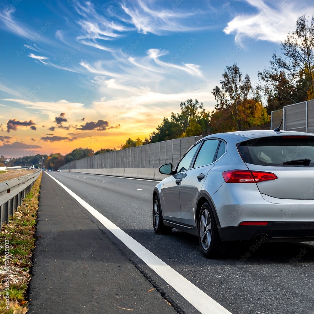 Fototapeta premium Silver car on highway at sunset