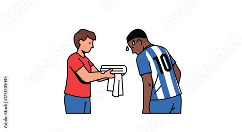 Illustrative depiction of soccer player being offered a towel after a match by a support staff member in a vibrant cartoon art style