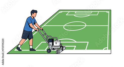 Illustration showcasing lawn care: Man using line marking machine on sports field meticulous field preparation