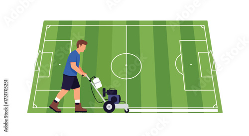 Illustrative representation showcasing a person meticulously line marking a vibrant and meticulously maintained green sports field using specialized