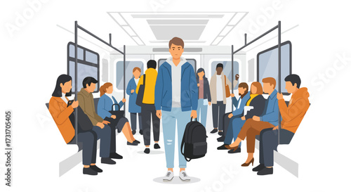 Diverse group of commuters traveling inside a modern public transit train carriage during busy hours,  depicting urban life and shared journeys on a