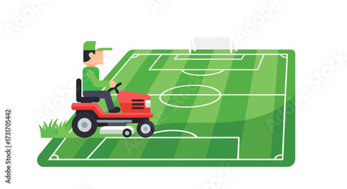 A cartoon-style illustration showcasing a man operating a lawn mower on a vibrant green soccer field for grounds maintenance