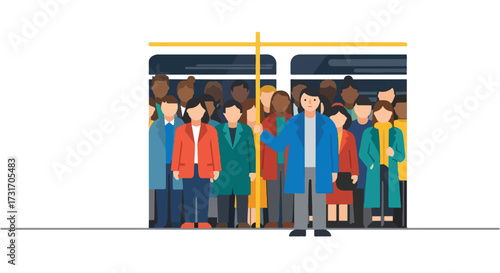 Stylized illustration of diverse commuters standing in a subway car during rush hour, flat vector design symbolizing urban life and public