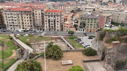 Panoramic view from above from the ancient Renaissance fortress of Priamar in Savona. Below an old city center, with its buildings, streets, and avenues in Savona, Italy