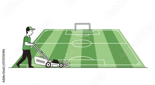 Illustration depicting a groundskeeper tending to a soccer field with a lawnmower, maintaining the turf for optimal gameplay and field quality