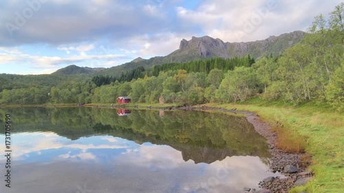 Lake with reflection of mountains and cabins in the Norwegian mountains