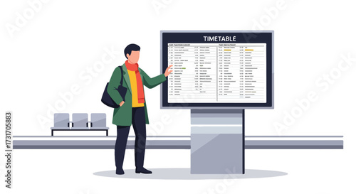 Traveler consulting train schedule information at a train station information board for departure arrivals and platform details