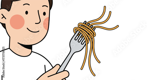 Illustrative depiction of a cheerful man enjoying pasta served on a fork against a clean white backdrop displaying a sense of enjoyment and simple