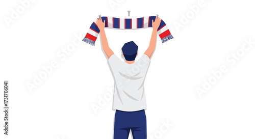 Passionate fan celebrating with team colors, raising a scarf in a gesture of triumph and fervent support for sporting success or cultural event