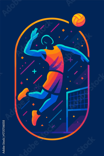Neon Volleyball Spike — High Jump Smash Sports Poster (Vector)