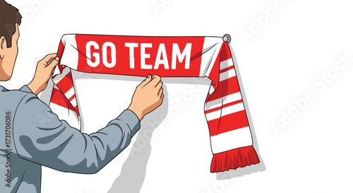 A depiction of a fan's fervor: Displaying a supportive scarf with the phrase 'go team' red and white color promoting spirit and unity through