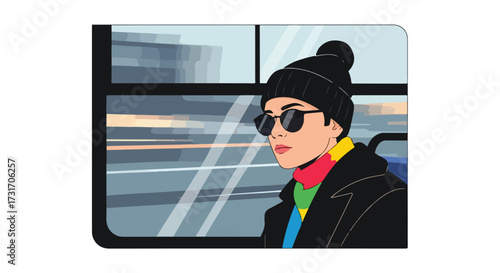 Stylish passenger on a morning commute, gazing out the bus window with a serene expression reflecting the urban landscape while traveling