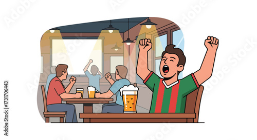 Passionate fans cheering for their team in a lively bar, enjoying beers and camaraderie while watching a thrilling match on a large screen filled