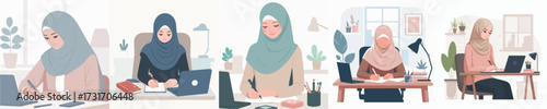 set of female secretary vector and a businesswoman wearing a hijab at work