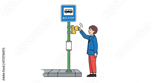 Illustration of a person signalling for a bus using a bus stop button, highlighting transportation and pedestrian safety measures within an urban