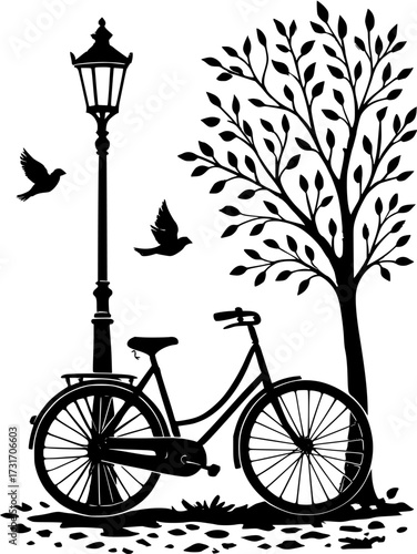 A silhouette of a bicycle parked near a lamp post with birds and a tree on a white background on transparent background