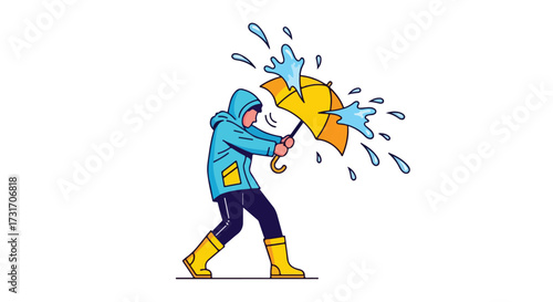 Whimsical illustration portraying resilience during a storm, person struggles with umbrella against wind and rain expressing the challenges of