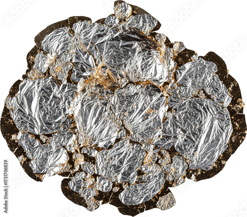 Pile of Crumpled Shiny Silver Foil Flakes, Transparent Background