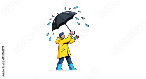 A Cartoon-Style Man in Rain Gear Defends Himself with Umbrella against Falling Water, Embodying Protection and Resilience During a Stormy Weather