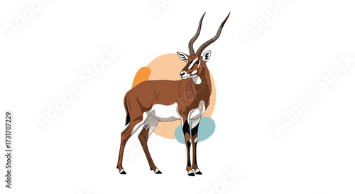 A majestic antelope with elegant horns stands against a backdrop of soft, abstract shapes.