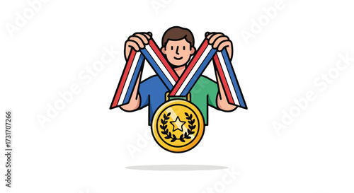 Triumph and determination depicted through the triumphant athlete embracing achievement after arduous endeavor with a golden medal and colorful