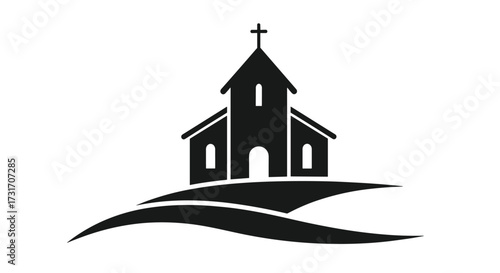A silhouette of a church on a hill with flowing waves below.