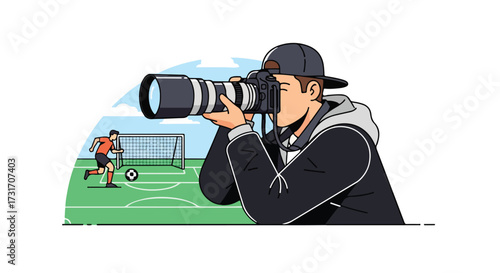Focused photographer capturing sports action during intense soccer game on sunny day at stadium atmosphere creating dynamic action photography