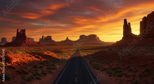 Scenic road through desert landscape under dramatic sunset sky with rock formations background for travel concept