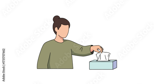 Illustration depicting a woman reaching for a tissue from a dispenser, showcasing health awareness and hygiene practices